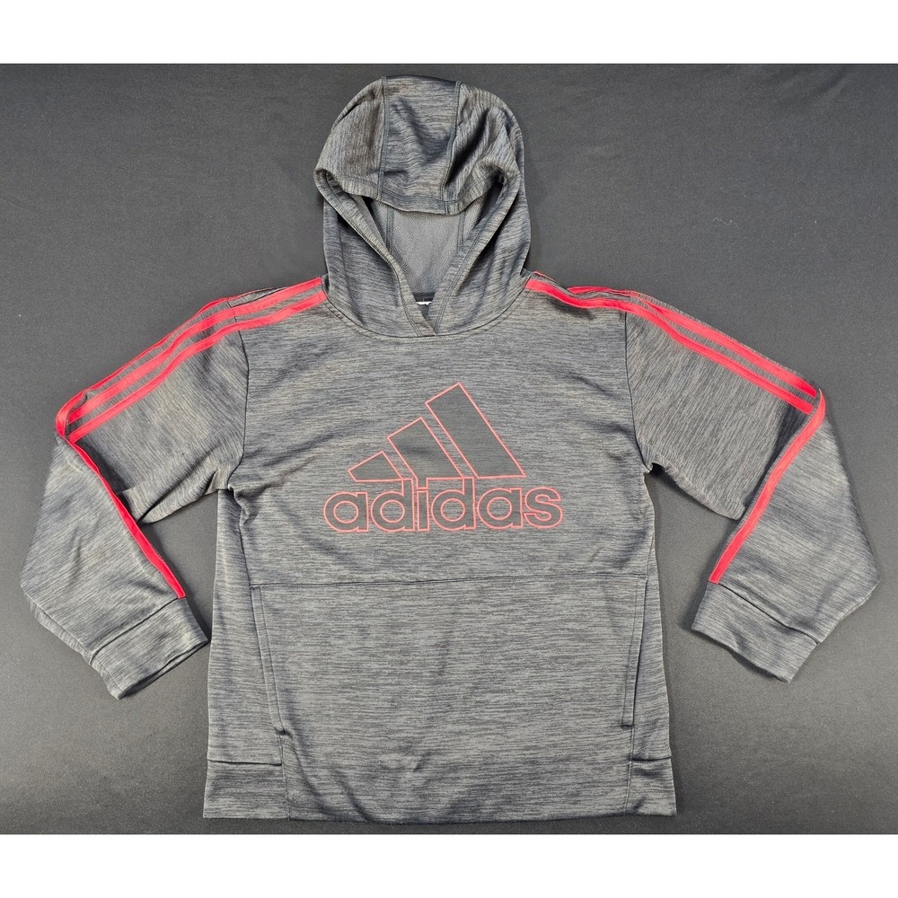 Adidas Youth XL Hoodie Gray Red 3 Stripe Pullover Athletic Sweatshirt